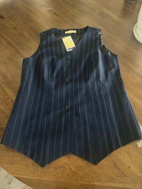 Agenda Women's Navy Blue Pinstripe Button-Up Tailored Waistcoat Vest
